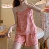 2Pcs/Set Cartoon Print Pajama Set O-Neck Sleeveless Backless Elastic Waistband Sling Vest Wide Leg Shorts Sleepwear Set