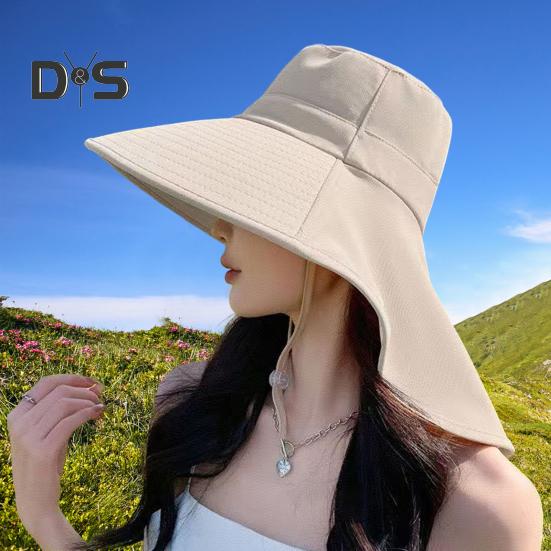 Women Sun Hat Large Brim Sun-Blocking Design Breathable UV Protection Hat Solid Color Adjustable Drawstring Outdoor Tea Hat