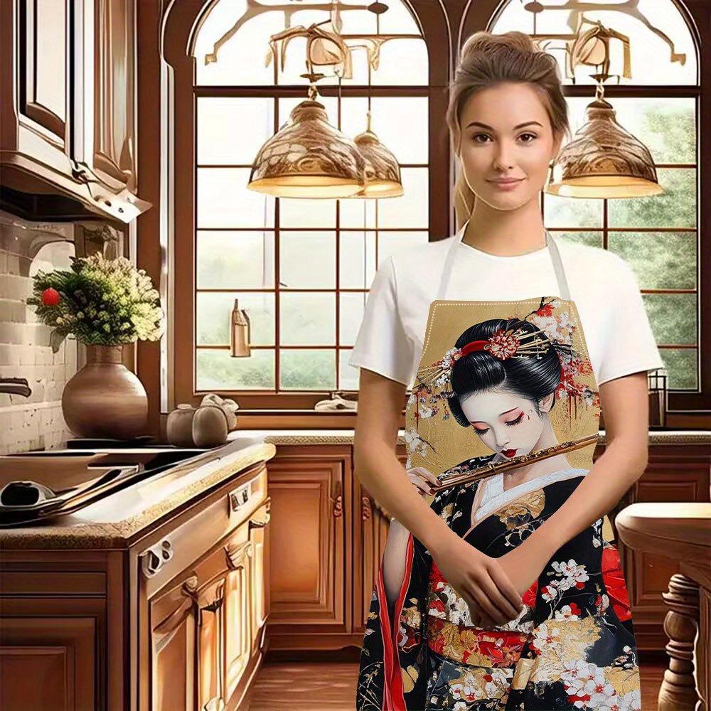 1pc Japanese Geisha Apron Kimono Art Print Kitchen Cooking Baking Waterproof Chef Bib Gift for Women Asian Culture Lover