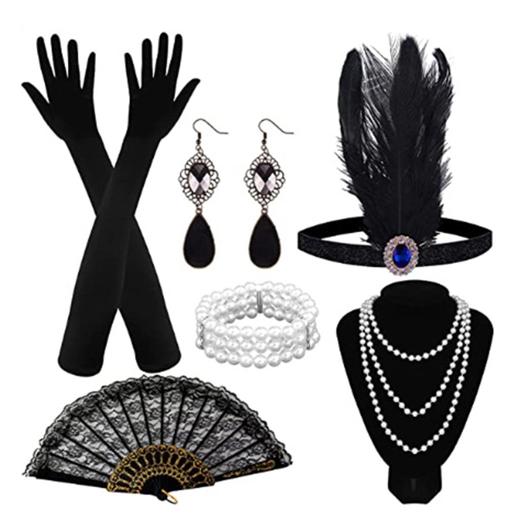 1920 Cosplay Hair Accessories Set For Women Flapper Feather-Headband Pearl Necklace Glove Costume Accessories For Cosplay Party