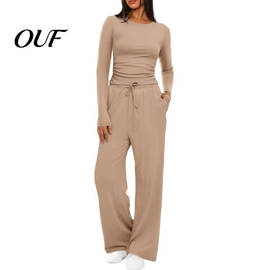 Women Matching Sets Top Pants Set for Spring Fall, Slim Fit Crewneck Sweatshirt, Casual Lounge Elastic Waist Loose Wide Leg Pants, Solid Color 2-Piece