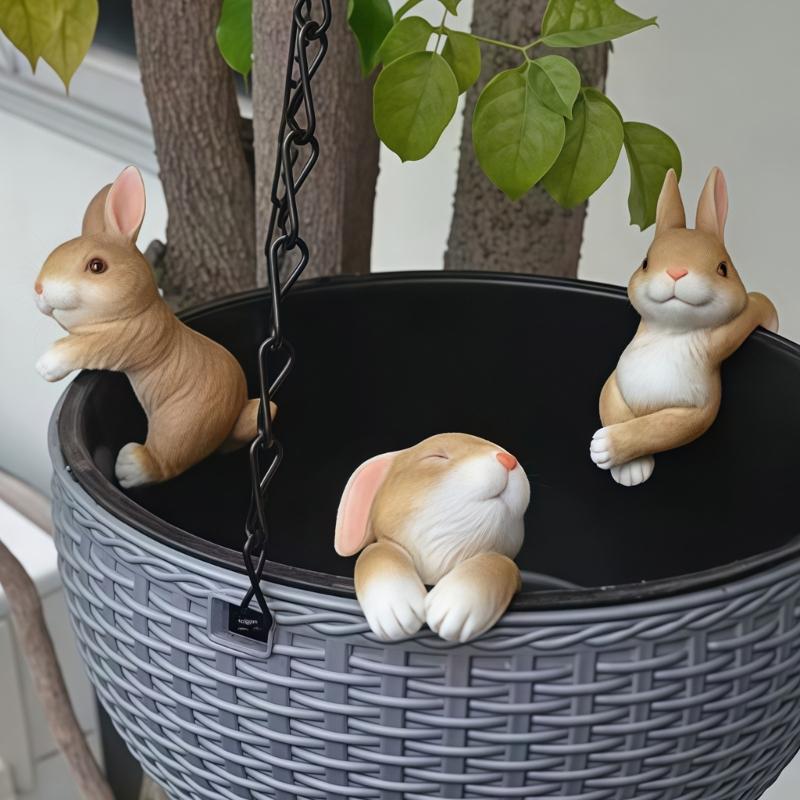Pack of 3 Colorful Rabbit Resin Figurines Ideal for Hanging on Balconies or Aquariums Edges Multifunctional Decors