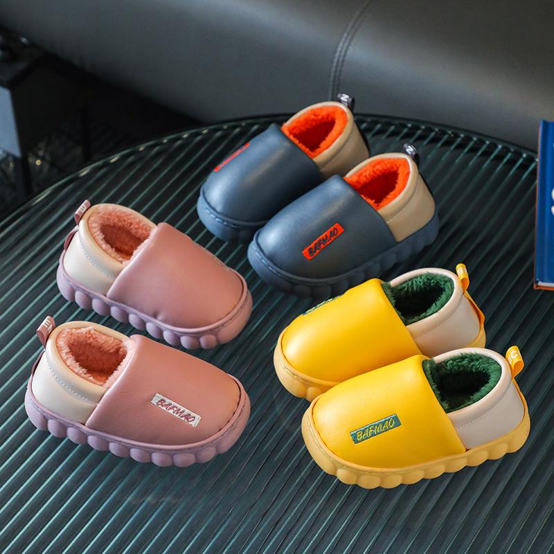 Winter PU Waterproof Children Cotton Slippers Girl Parent-child Warm Baby Slippers Home Indoors Shoes Solid Boy Bedroom Slippers