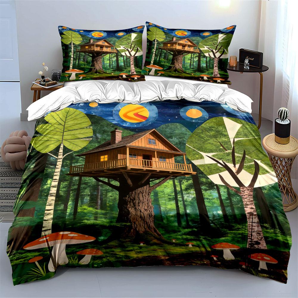 Treehouse and forest scene. Bedding sets Duvet cover sets Duvet covers Pillowcases(1 * Duvet Cover 2 * Pillowcases without duvet insert)