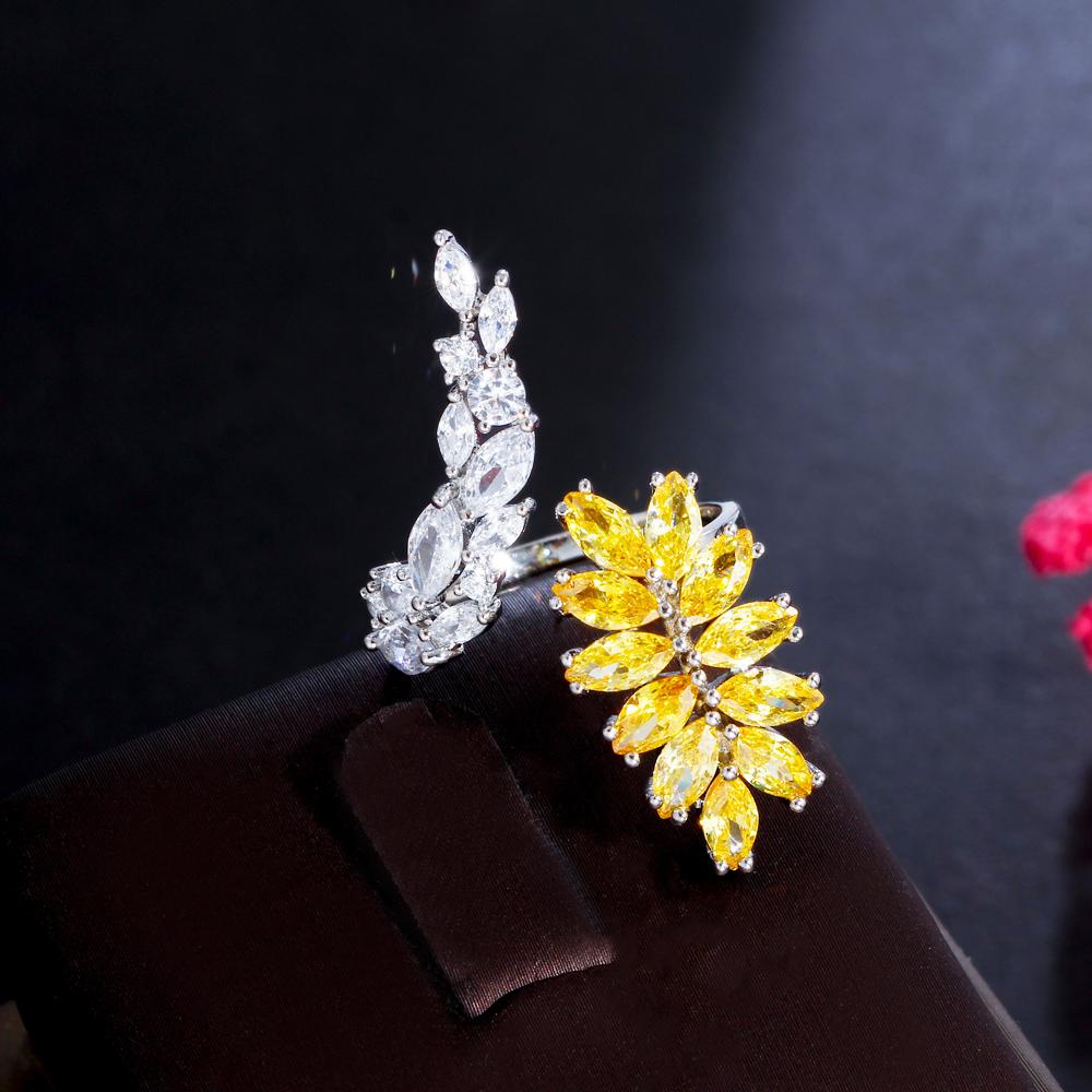 Ювелирные изделия CMM, блестящее желтое кольцо с фианитом в форме листа, обручальное, регулируемое, с открытой манжетой, кольцо на палец для женщин