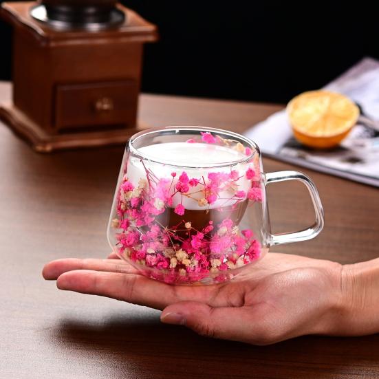 200ML Clear Glass Mug Double Wall Insulated Cup with Handle Aesthetic Dehydrated Flower Design Heat Preserving Tumbler for Coffee Tea