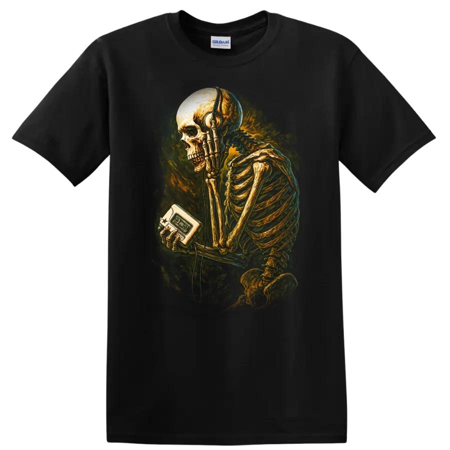 Skeleton Listening to Music T Shirt Vintage Retro Art Music Lover Tee