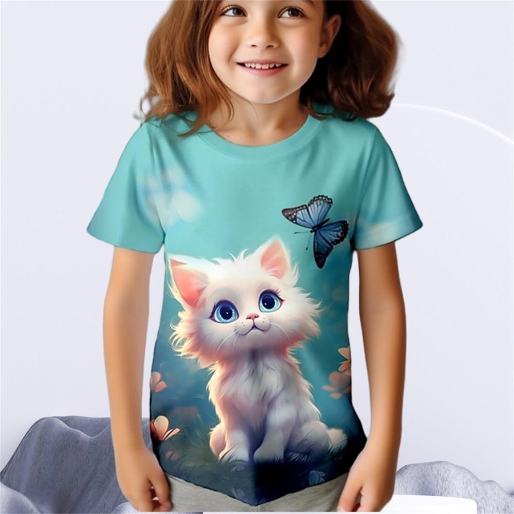 Детская одежда для мальчиков и девочек Футболка с принтом 3D Cat и короткими рукавами, топ с круглым вырезом