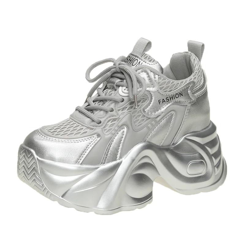 8,5 см Женские летние полые дышащие сетчатые массивные кроссовки из микрофибры, удобные повседневные папины кроссовки, женская платформа, спортивная обувь