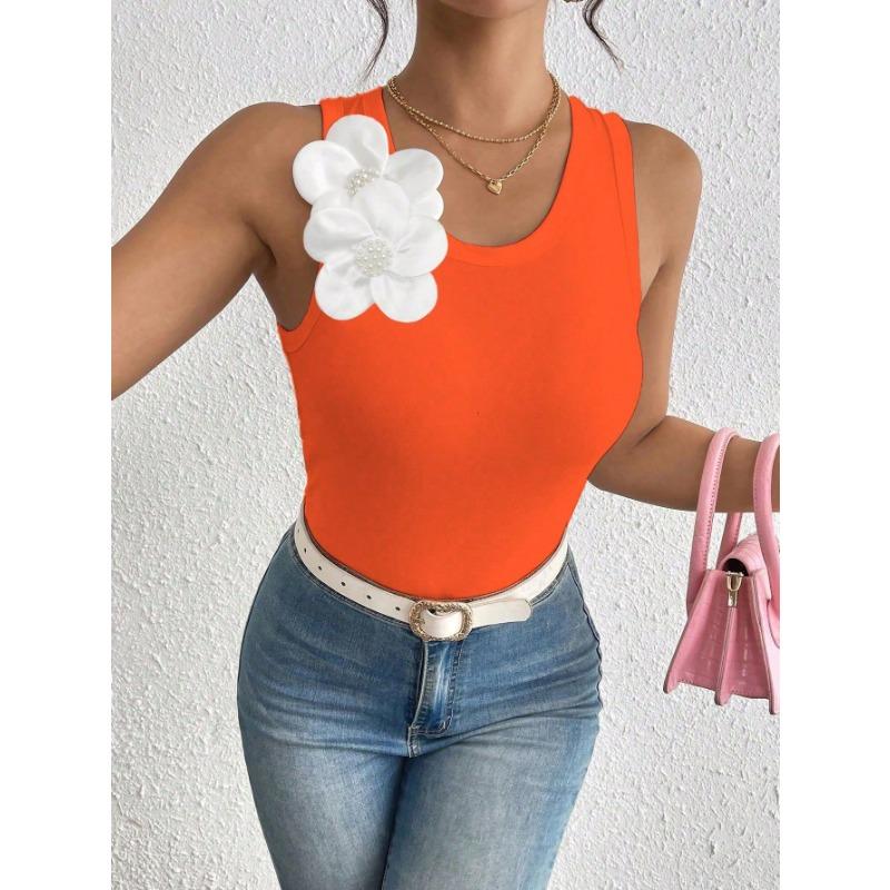 Women European Style 3d Flower Decoration Solid Sleeveless Crop Tank Top