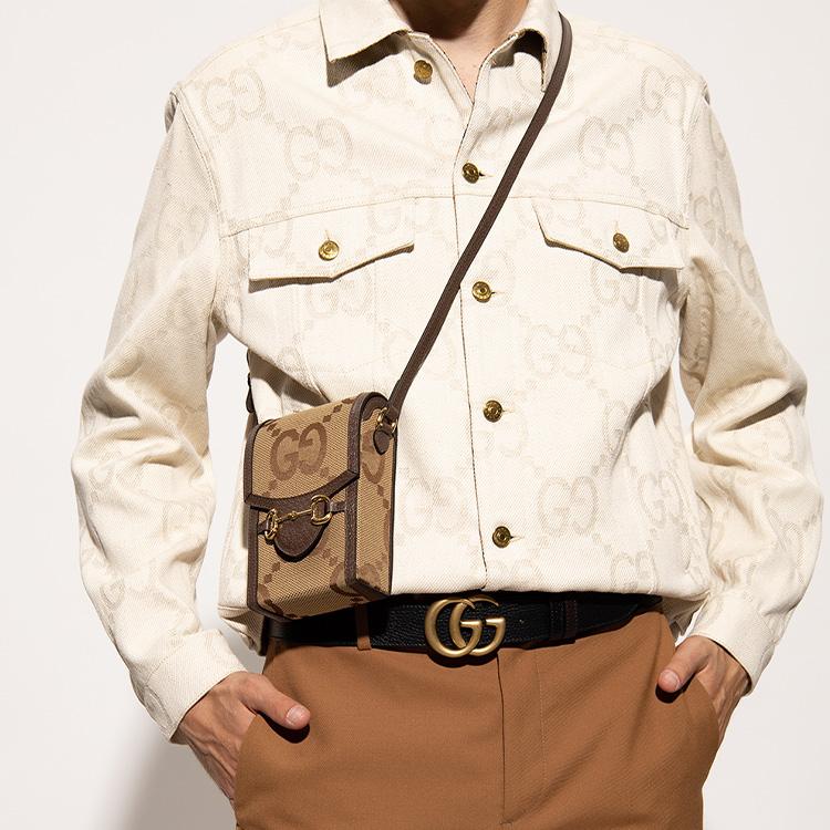 Gucci Мини-сумка через плечо Umbo GG, Бежевый холст Эбони с отделкой из коричневой кожи, Золотая фурнитура, Унисекс для ежедневных покупок, путешествий 625615-UKMBG-2572