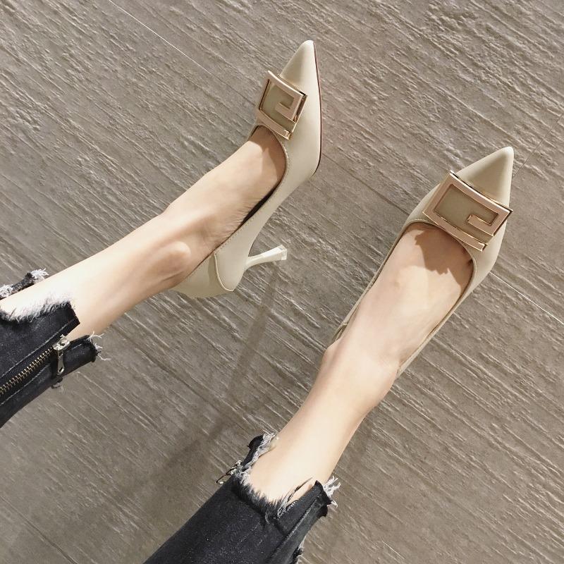 7-1 женские туфли-одинарки на осень и зиму, наступающие на каблук, квадратная пряжка, острый тонкий каблук, мягкая кожа, туфли на высоком каблуке 7,55,5 см, толстый каблук