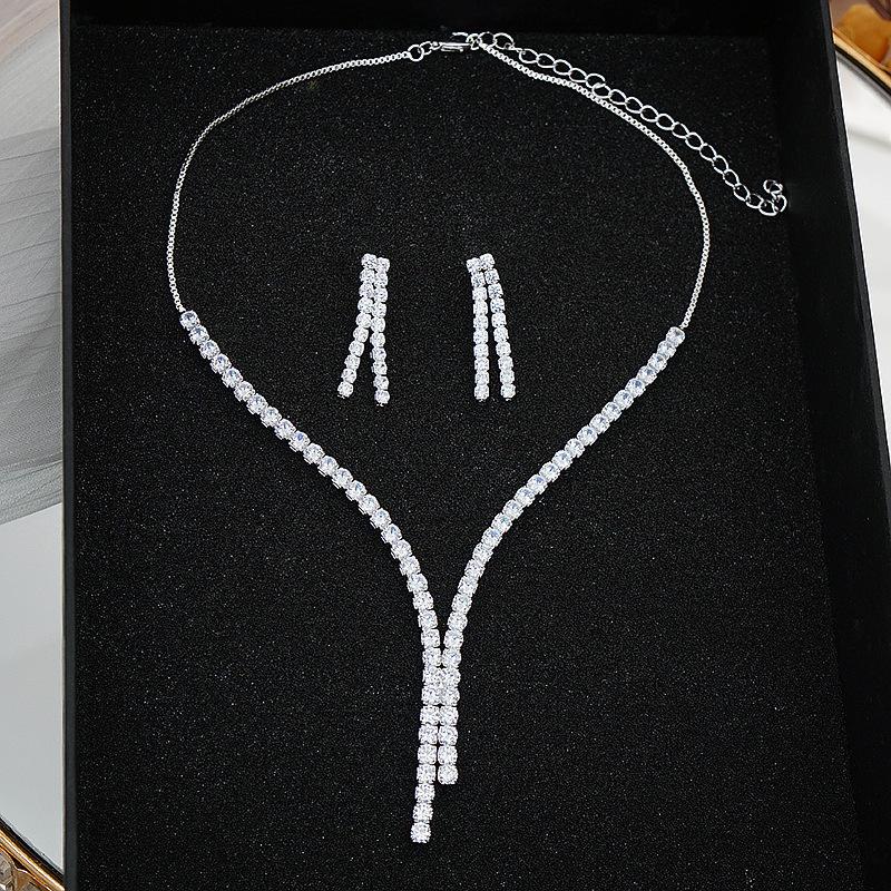 Simple Geometric Cubic Zirconia Necklace Earrings For Women Wedding Bridal Jewelry Sets Accessories