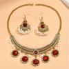 Stylish Retro Ruby Jewelry Set, Pearl Beads Exaggerated Necklace Earrings.