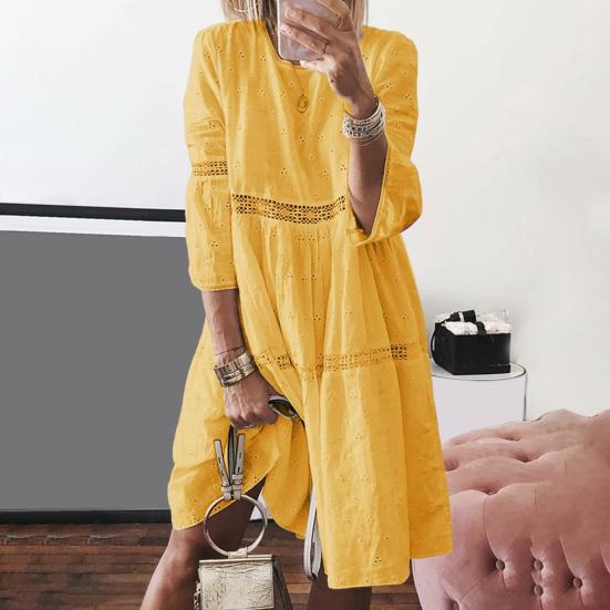 Женское платье, кружевное, с открытой вышивкой, с рукавами три четверти, однотонное, свободное, до колена, свободное, трапециевидное, с круглым вырезом, миди-платье