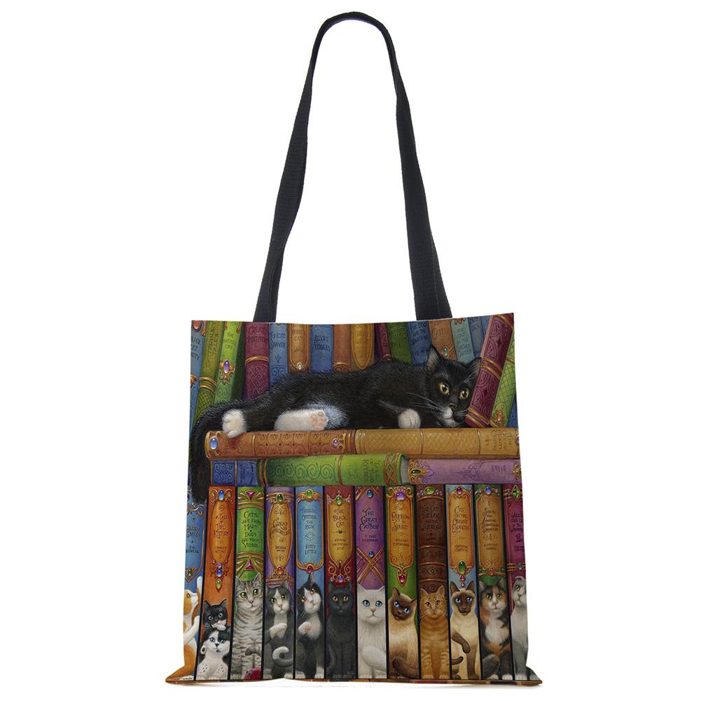Женские дизайнерские большие сумки с принтом кота на заказ, льняная многоразовая сумка для покупок, сумки на плечо для женщин, 2020