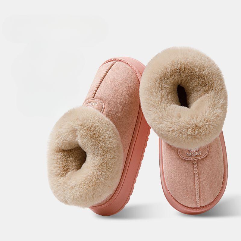 Женские зимние тапочки из хлопка с каблуком-мешком, высокие зимние сапоги из плюша с интегрированным мехом и теплая домашняя хлопковая обувь