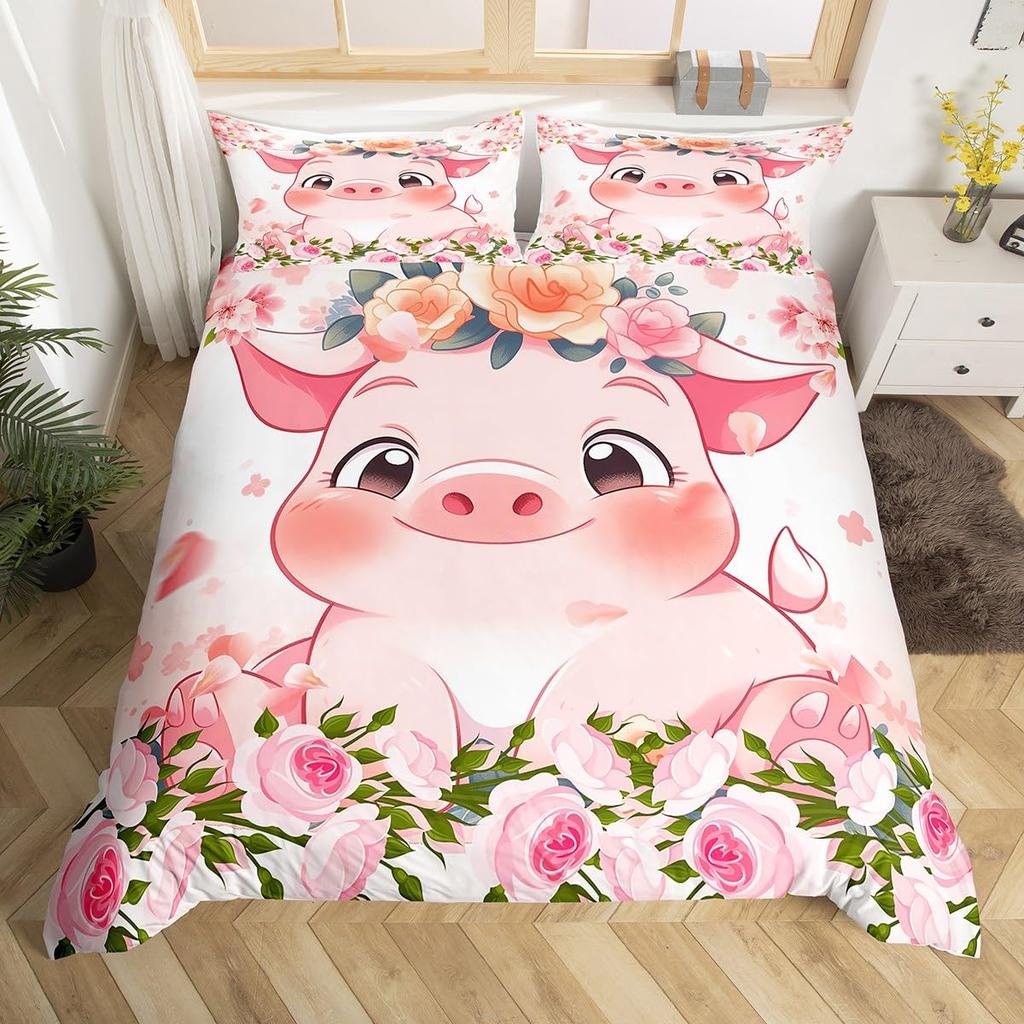 Pink Pig Duvet Cover For Girls Kawaii Room Decor Twin, Rose Floral Leaves Comforter Cover Cute Farm Animal Cartoon Bedding Set
