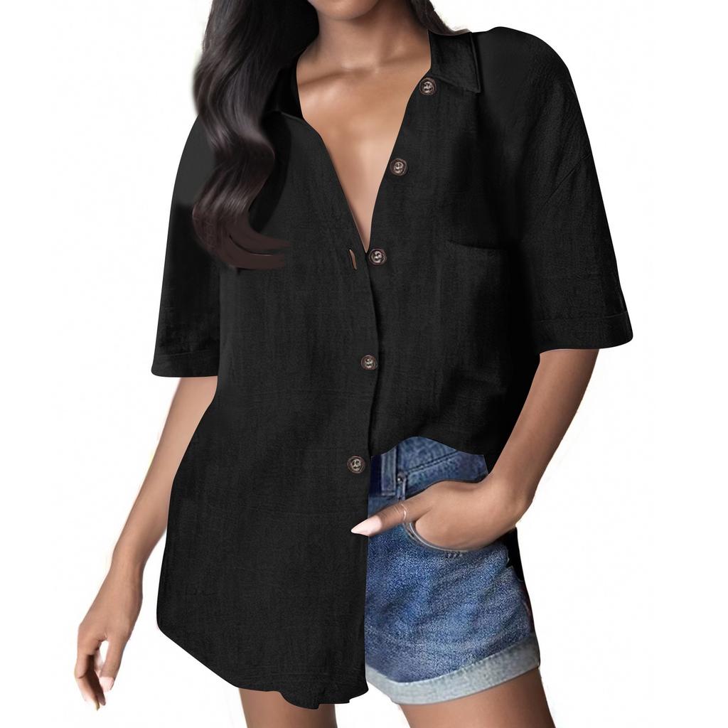 Женская однотонная рубашка свободного покроя из хлопка и льна с коротким рукавом и застежкой на пуговицы, с карманом
