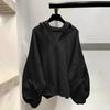 Spring  Autumn Women's V-Neck Hooded Cotton Sweater Thin Loose Solid Color Hooded Top