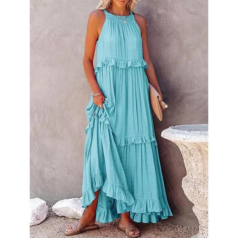 Fashion Elegant Sleeveless Ruffled Maxi Long Dress New O Neck Loose Casual Simple Summer A-line Beach Dresses Female Pleated Solid Color Clothing
