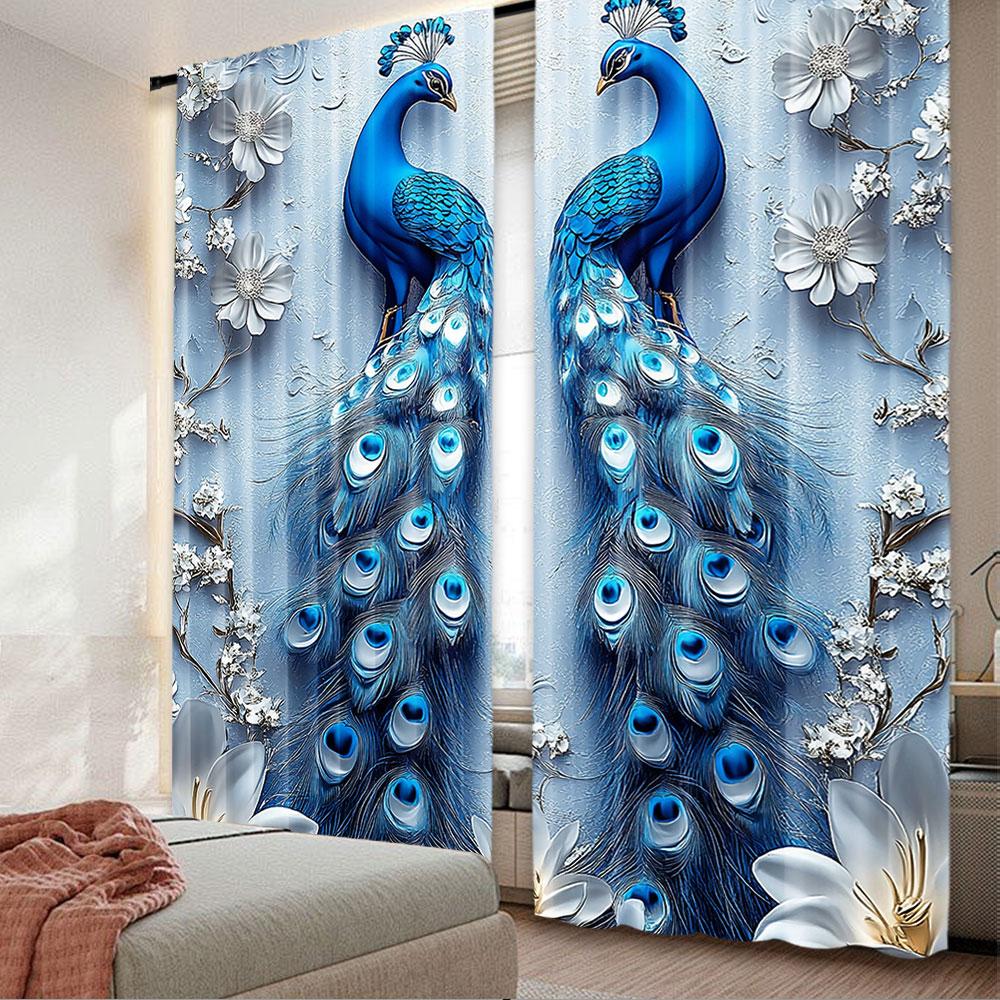 2Pcs Gothic Blue Peacock Curtain Elegant Decorative Room For Living Room Bedroom Office Kitchen Bathroom With Vibrant Colors And