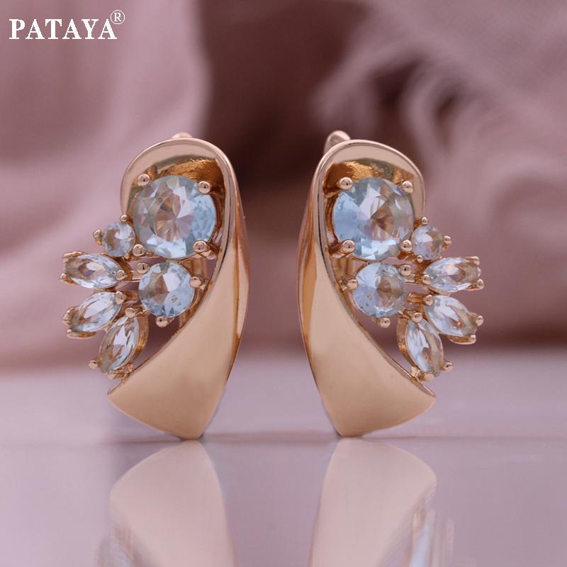 PATAYA Комплект из серег и кольца цвета розового золота 585 пробы с искусственным цирконом светло-голубого цвета