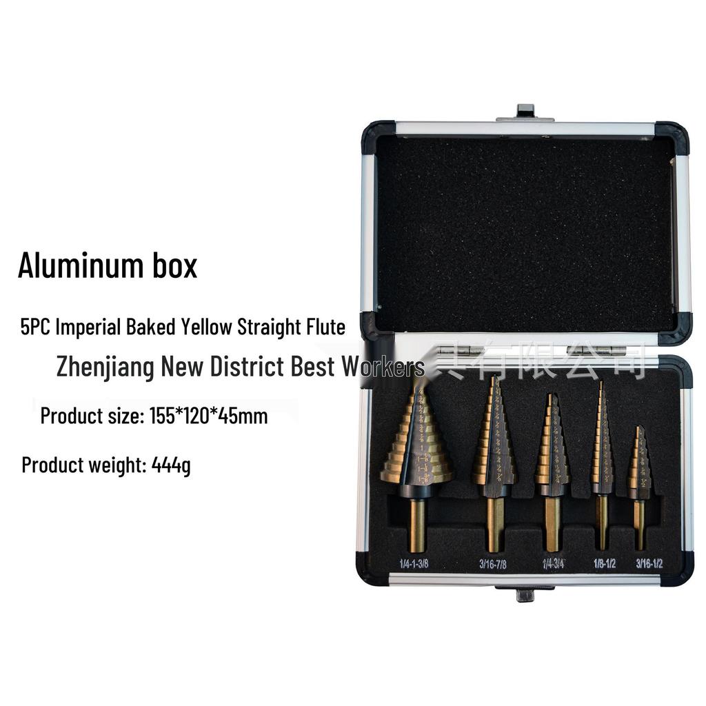 5-Piece Imperial Step Drill Set, TiN Coated, Triangle Shank, Straight Flute, with Aluminum Box