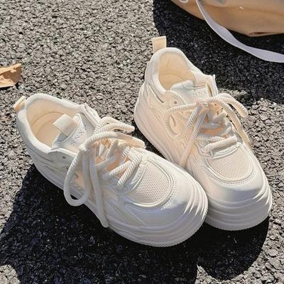 Модные Новые Повседневные Массивные Кроссовки для Женщин Сетчатые На Шнуровке На Высоком Каблуке Туфли с Круглым Носком для Женщин Однотонные Плоские Туфли на Платформе Вулканизированные Туфли