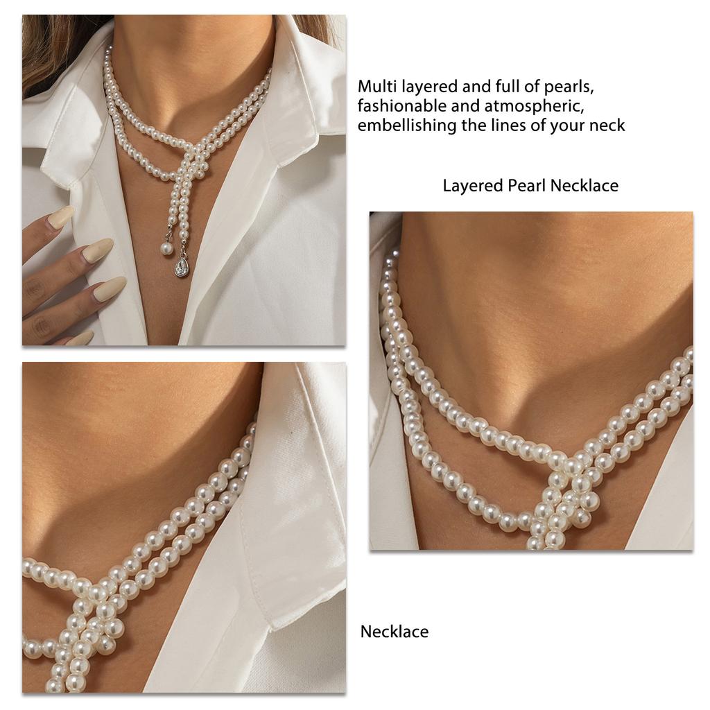 Multilayer Pearl Necklace Vintage Stylish Elegant Layered Jewelry Neck Chain for Women Girls White