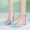 Летние сандалии 2024 года Женская новая обувь на тонком каблуке с ремешком с одной пряжкой, с вырезами, с острым носком, на высоком каблуке, с бантом, женская обувь