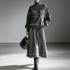 Европейский вязаный комплект из двух предметов с высоким воротником и цветовыми блоками - Женский осенне-зимний комплект с широким подолом