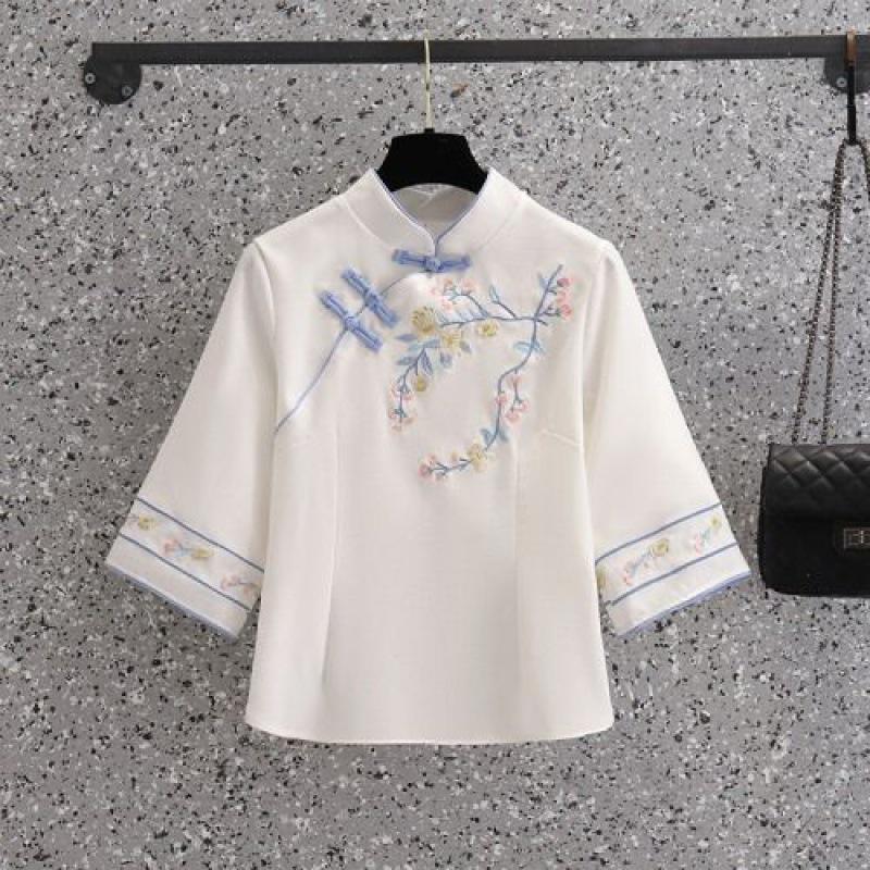 Весенний республиканский женский ханьфу для чайной церемонии: Костюм Танг Приталенный Вышитый Ципао Комплект из двух предметов