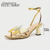 Размер 35-43 Золотые Туфли на Каблуке для Женщин Ремешок через Лодыжку Квадратный Носок Декор Бабочка Элегантные Туфли для Платья Модные Zapatos De Mujer
