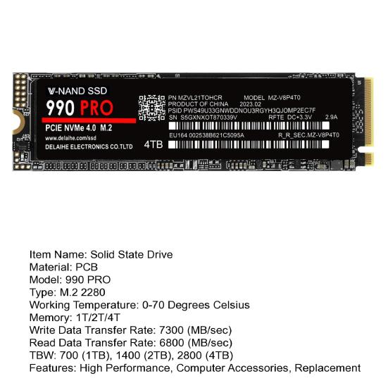 990 PRO PCIe 4.0 M.2 NVMe SSD Скорость до 7300 МБ/с Чтение 6800 МБ/с Запись 1/2/4 ТБ Внутренний твердотельный накопитель для ПК Ноутбука Настольного компьютера