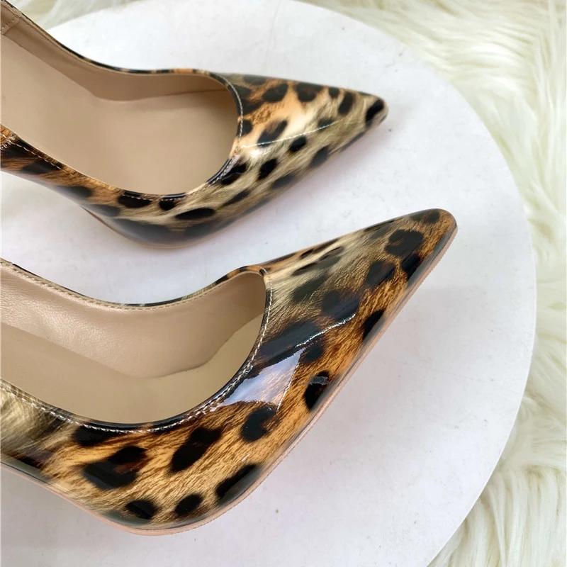 Сексуальные женские туфли из блестящей лакированной кожи с леопардовым принтом, с острым носком, на шпильках 8, 10, 12 см, туфли-лодочки, банкетные туфли для женщин