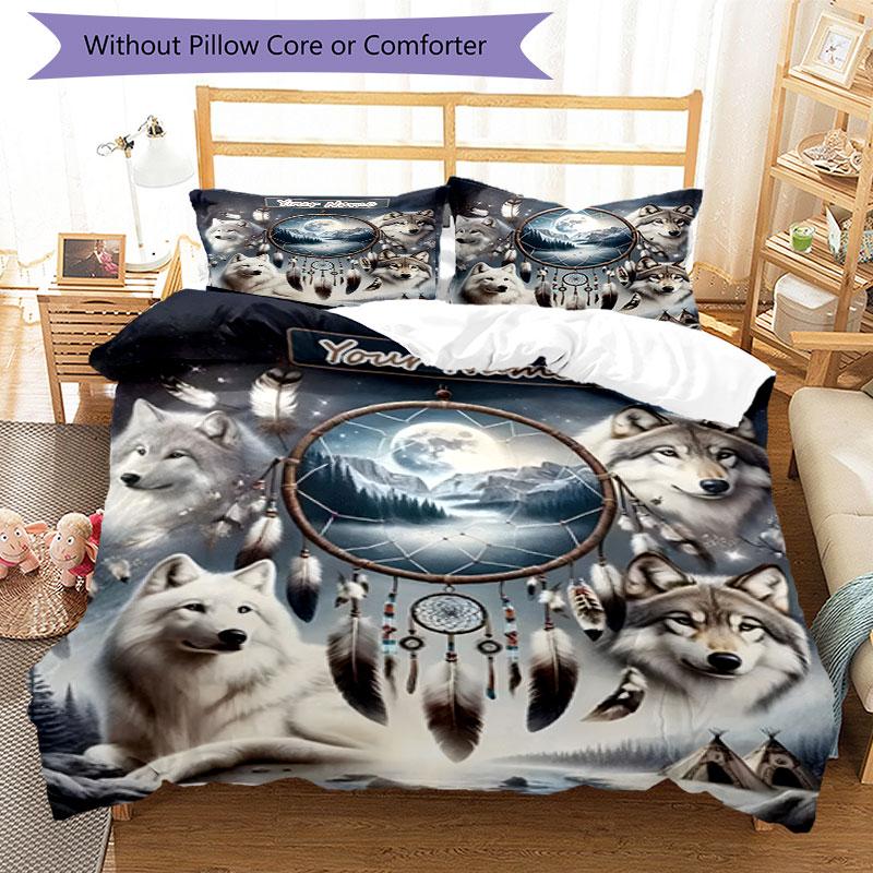 3PC Custom Name Wolf Dreamscape Bedding Set Duvet Cover Closure Includes 1 Duvet Cover & 2 Pillowcases for Bedroom