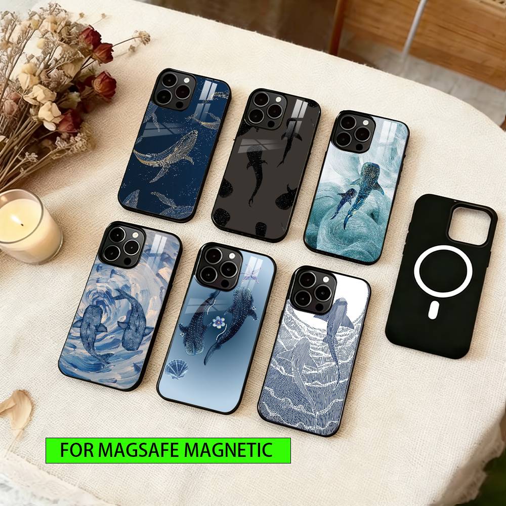 Whale Pattern Phone Case For iPhone17,16,15,14,13,12,11 Plus,Pro Magnetic with Magsafe Wireless Charging