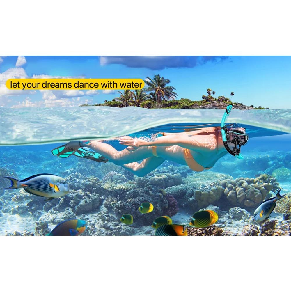 Mask Fins Snorkel Set, Snorkeling Gear for Adults, Panoramic View Snorkel Mask Anti-Fog, Adjustable Dive Flippers, Dry Top Snork