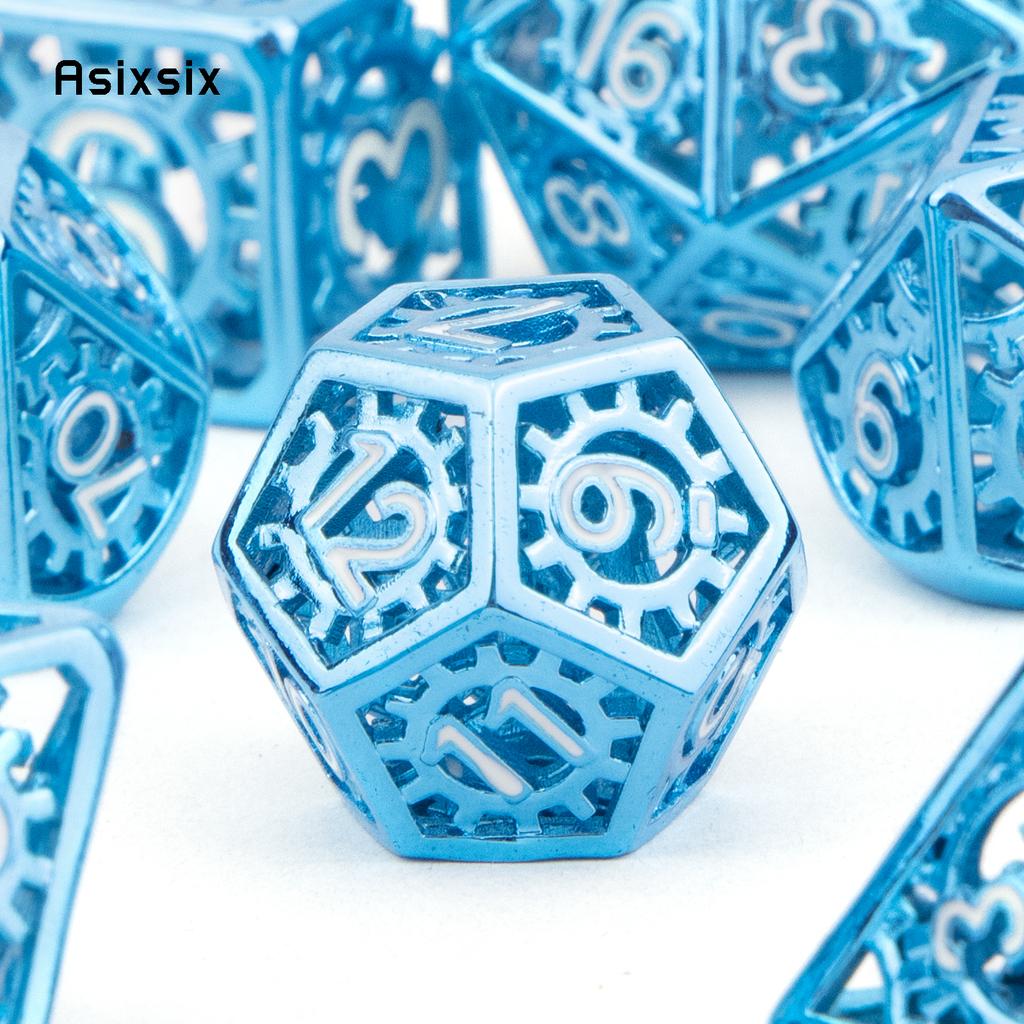 7 Pcs Blue White Gear Wheel Metal Dice Hollow Metal Polyhedral Dice Set Suitable for Role-Playing RPG Board Game Card Game