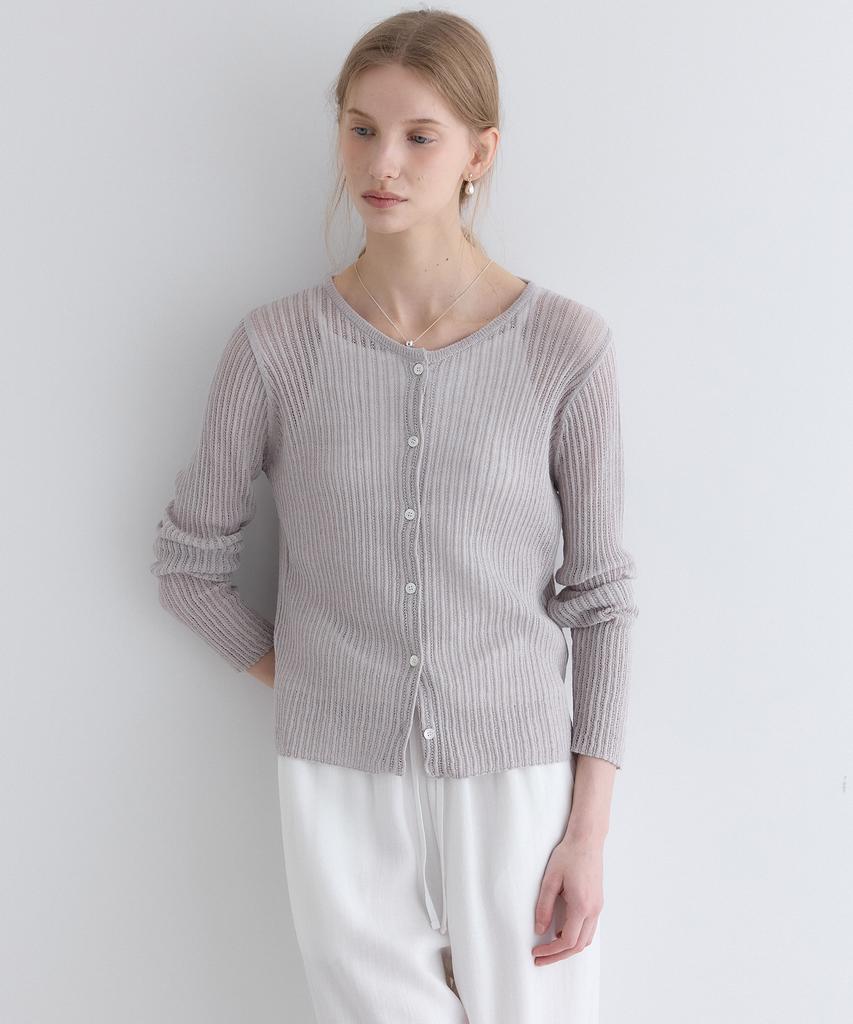 OURHOPE Linen Round Neck Ribbed Cardigan - Melange Grey