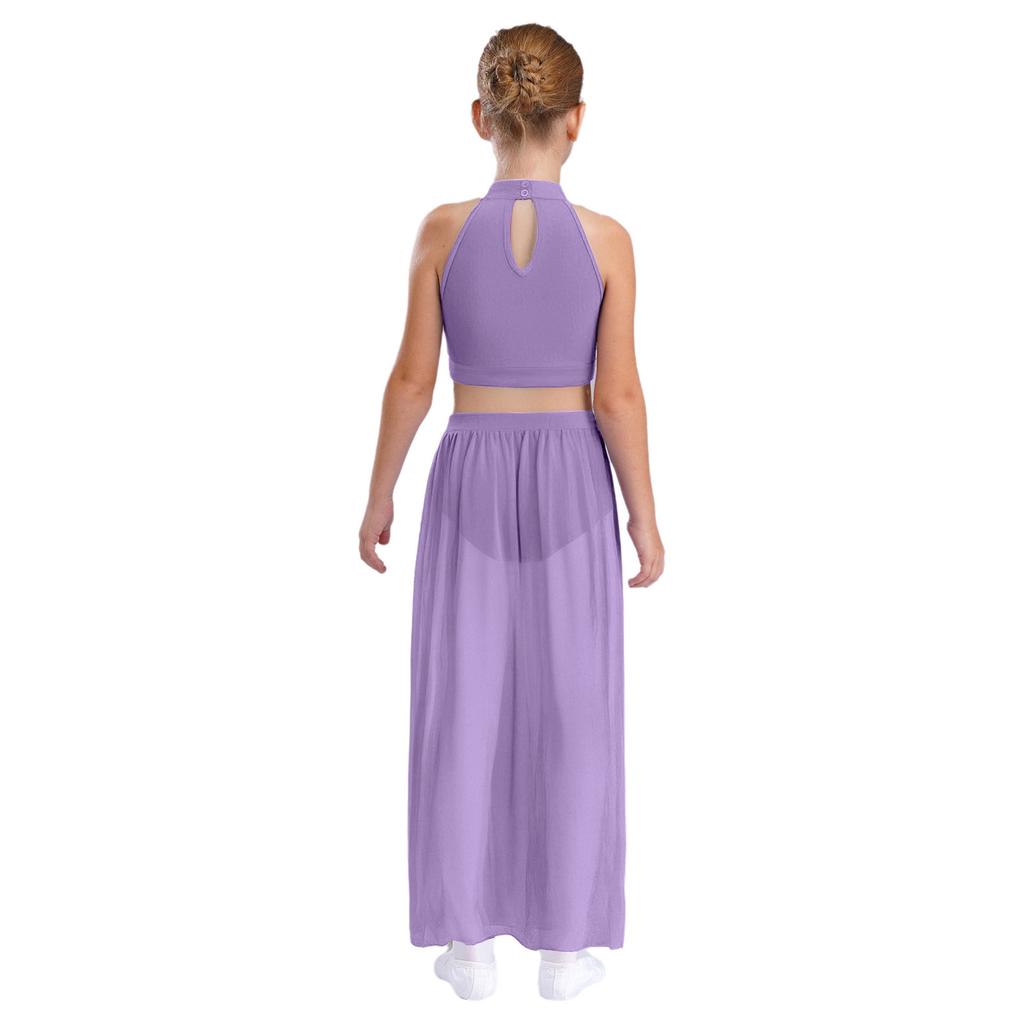 Костюм для лирического танца для девочек, кроп-топ без рукавов с цветными блоками, сборкой спереди и вырезом-капелькой сзади, летящая шифоновая юбка