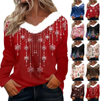 Рубашки с длинным рукавом для женщин Милые топы Рождественские принты Футболки Блузки Повседневные топы больших размеров Базовые топы Пуловеры