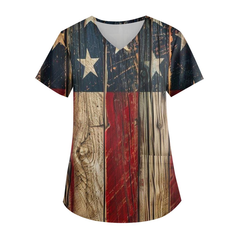 Женская модная футболка с принтом ко Дню Независимости, V-образным вырезом, карманом, короткими рукавами, униформа и топ для ухода