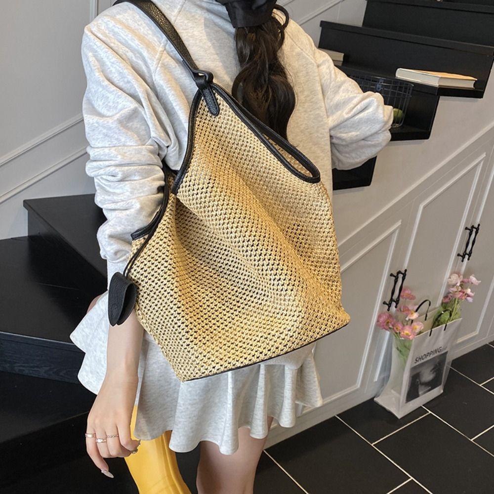 Parent Shoulder Bag Straw Woven Bag Tote Bagwith Sunglasses Clip Hollow Shoulder Bag Holiday