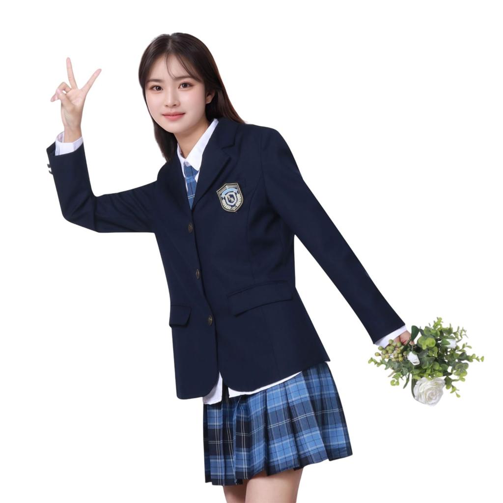 [HarnyLoom] High School Girl Uniform, School Blazer, Jacket, Uniform 5 Piece Set, Plain, Outerwear, Embroidery, High School Uniform, JK Uniform,