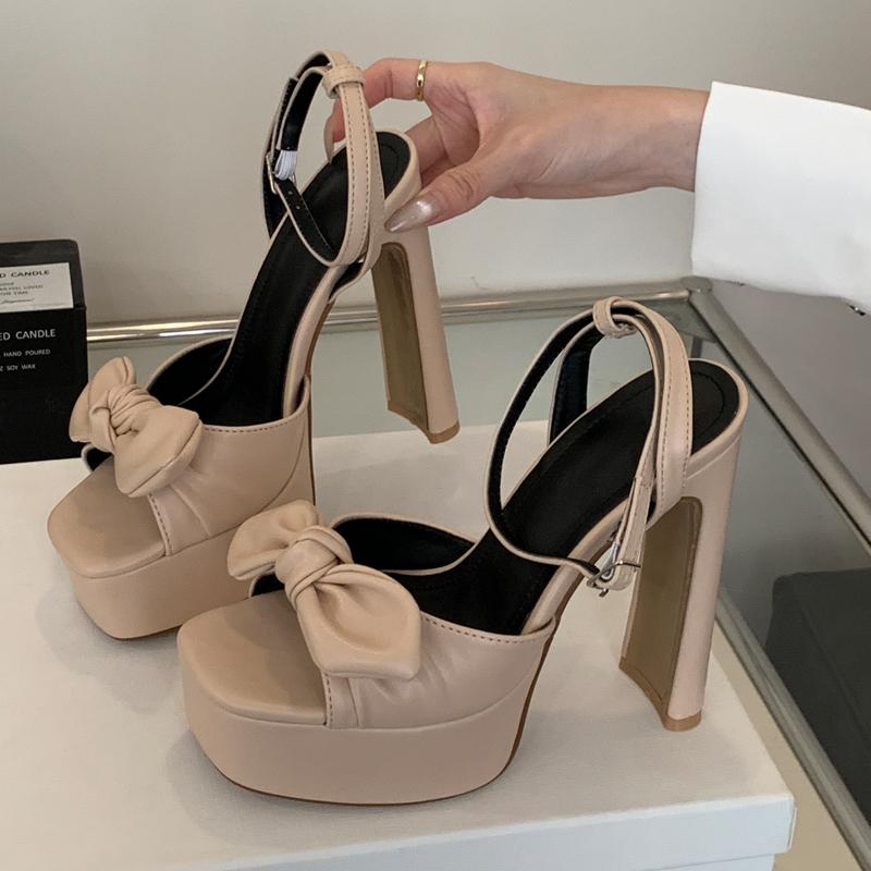 Летние сандалии женские новый стиль бант квадратная головка щиколотки пряжка высокий каблук вечерние повседневные туфли