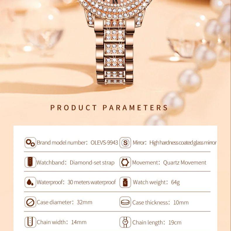OLEVS 9943 Women's Wristwatch Luxury Elegant Full Diamond Bezel Roman Dial Stainless Steel Waterproof Quartz Ladies Watch