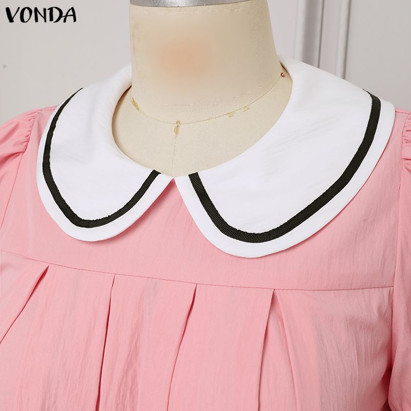 VONDA Женское мини-платье-туника в преппи-стиле с кукольным воротником, короткими пышными рукавами, свободного А-силуэта, повседневное