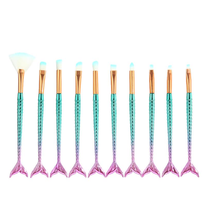 Четырехцветный набор кистей для макияжа русалки - 10 градиентных кистей в форме рыбьего хвоста